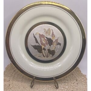 Vintage Art Of Chokin 24k Gold Rim 6.5" Japanese Plate Calla Lilies & Butterfly